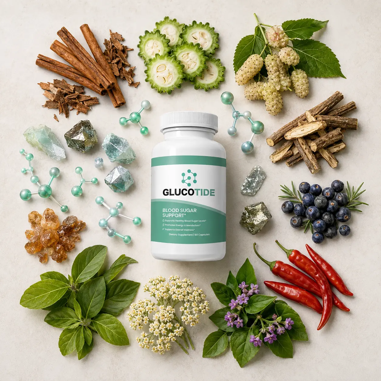 GlucoTide surrounded by its natural ingredients — cinnamon, bitter melon, mulberry leaf, licorice root, juniper berry